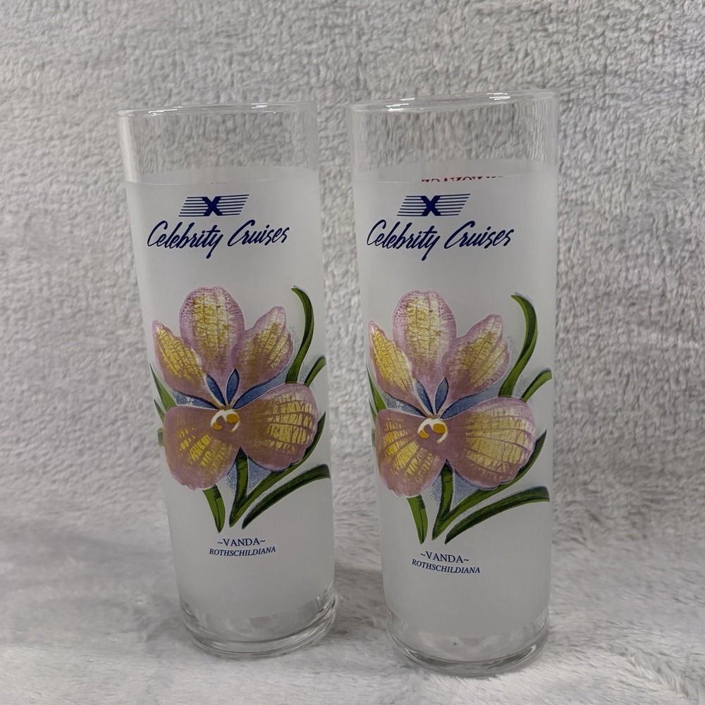 Celebrity Cruises Frosted Highball Glass Set 2 Orchid Cocktail Recipe Vtg